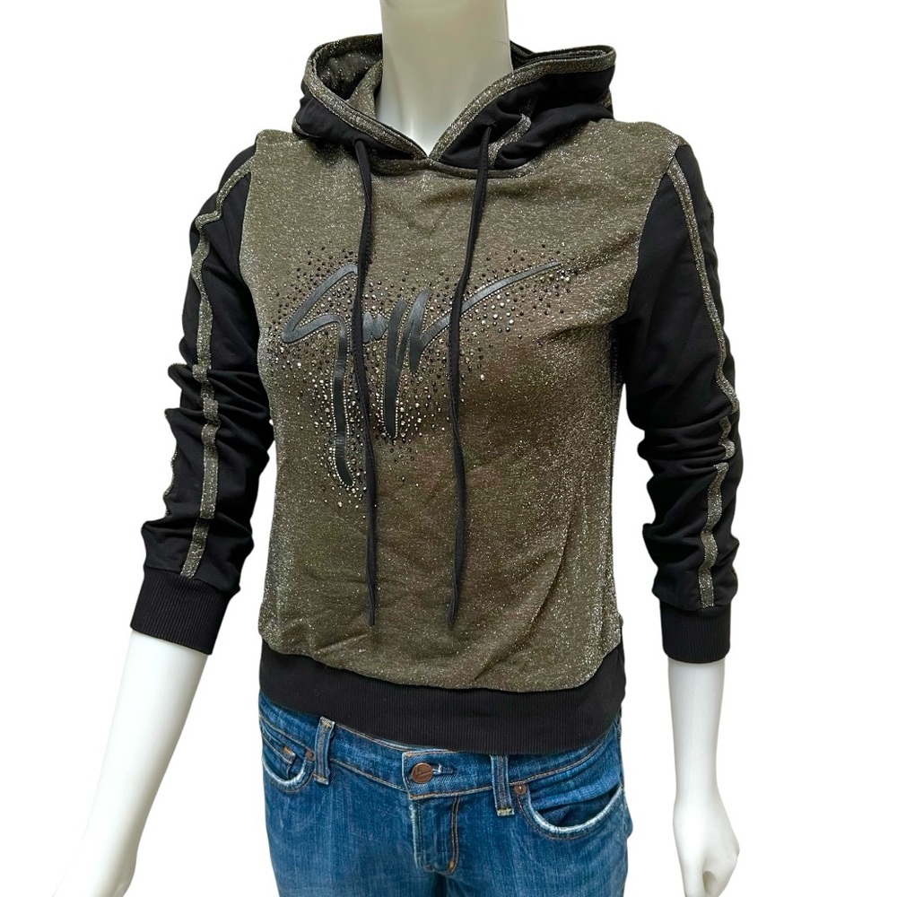 Pierre Balmingo Silver Green Graphic Crop Hoodie Shimmer Bling Wimsy Goth Paris